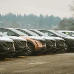 Deretan mobil listrik modern yang diparkir rapi di area terbuka, mencerminkan perkembangan industri otomotif terkini